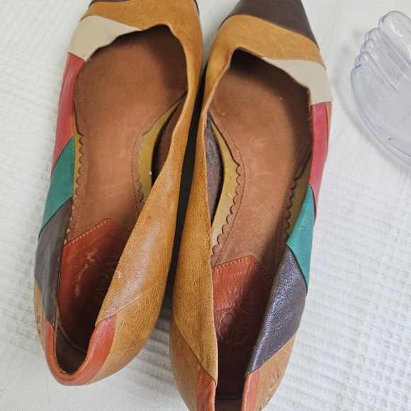 Lucky Brand Petra Patchwork Flats Sz 10 Tan Aqua Coral Brown Leather Pointed Toe - Picture 3 of 9
